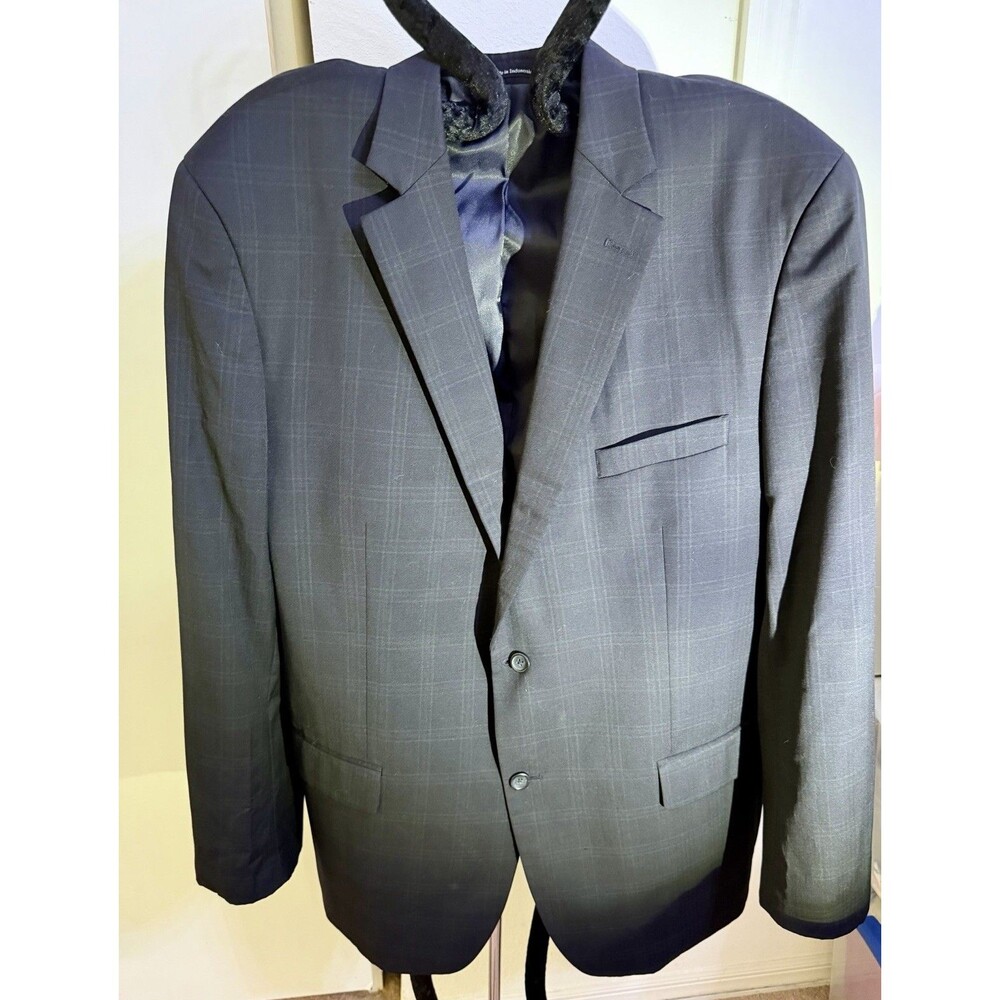 Pronto Uomo Men's Sport Navy Blue Two-Button Plaid Wool Blazer Jacket, 48L, 43W